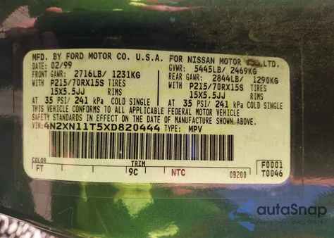 1999 Nissan Quest Se/Gle/Gxe z USA, uszkodzony, nr VIN 4N2XN11T5XD820444